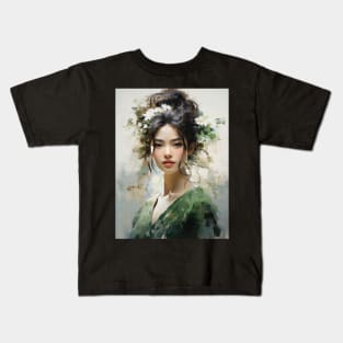 Japanese Girl in Green With Daisies in Her Hair Kids T-Shirt